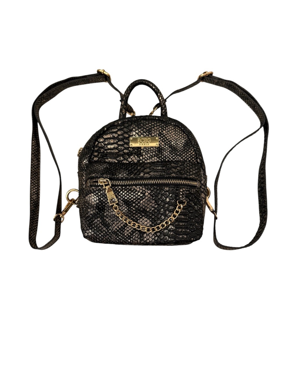 BCBG Mini Black Snake-Embossed Backpack with Gold Chain Detail